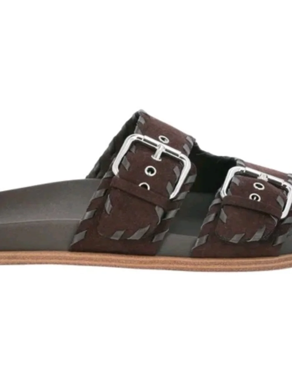 Time and Tru Brown Double Buckle Whipstitch Footbed Orthopedic Slide Sandal